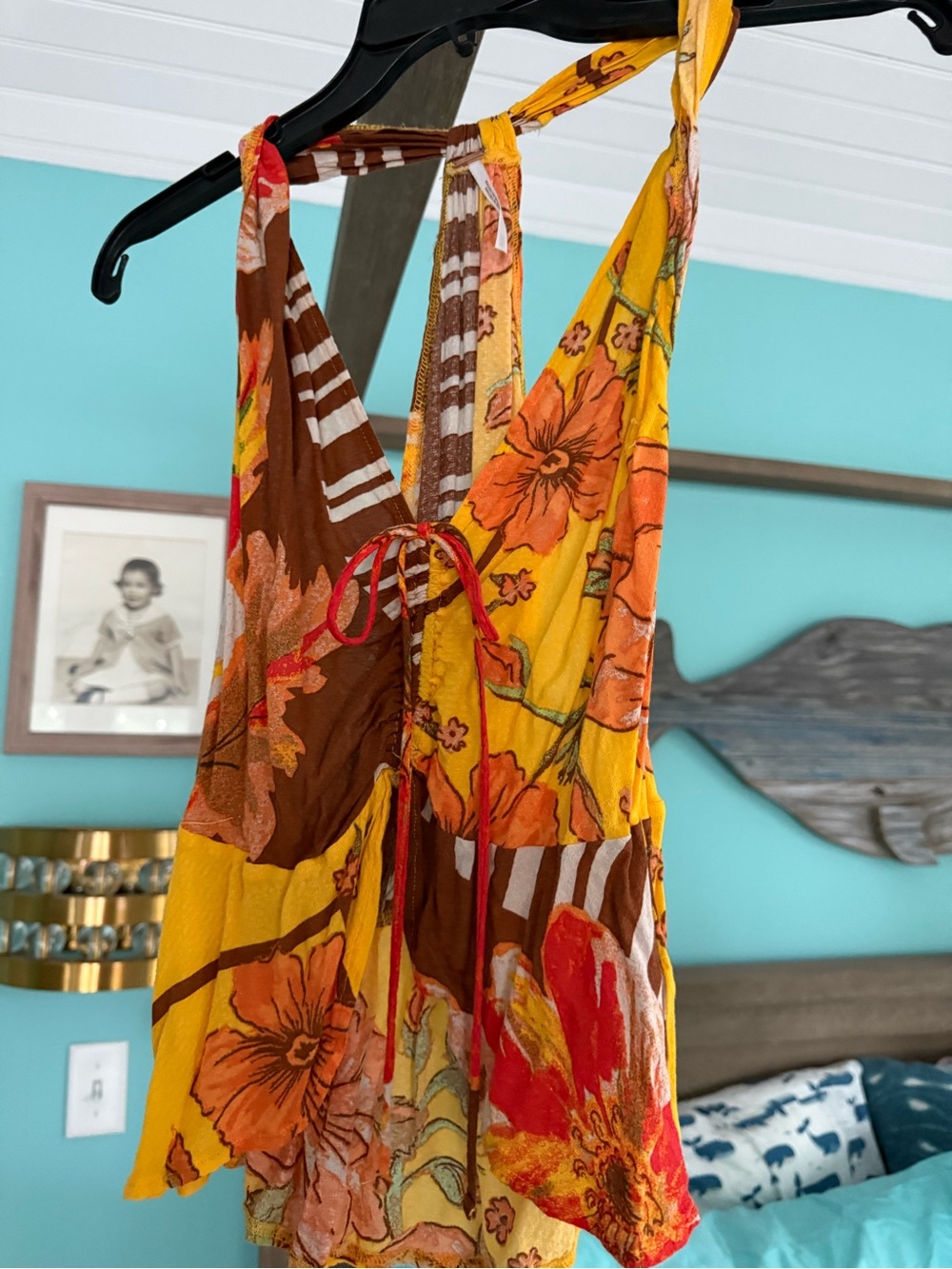 Free People Yellow Orange Floral Halter Crop Top